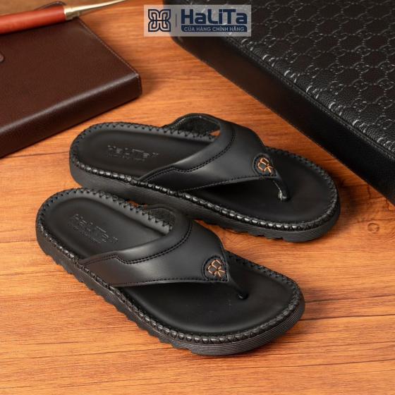DéP ĐẸP CHO NAM Halita Xỏ Ngón HLT-45 Da Bò Thái, May Chỉ Toàn Bộ ,Đế Bằng Cao Su Êm Chân.
