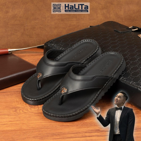 DéP ĐẸP CHO NAM Halita Xỏ Ngón HLT-45 Da Bò Thái, May Chỉ Toàn Bộ ,Đế Bằng Cao Su Êm Chân.