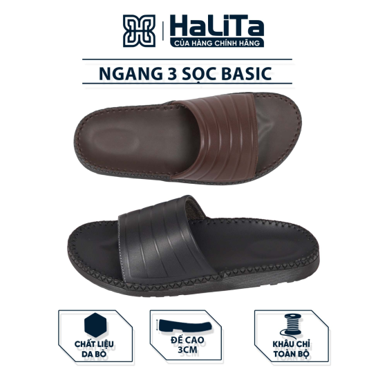 DéP Nam 3 Sọc Basic Halita , đế nhẹ và cao 3cm , thiết kế thời trang mới , khâu chỉ chắc chắn . Đế Bằng Slipper