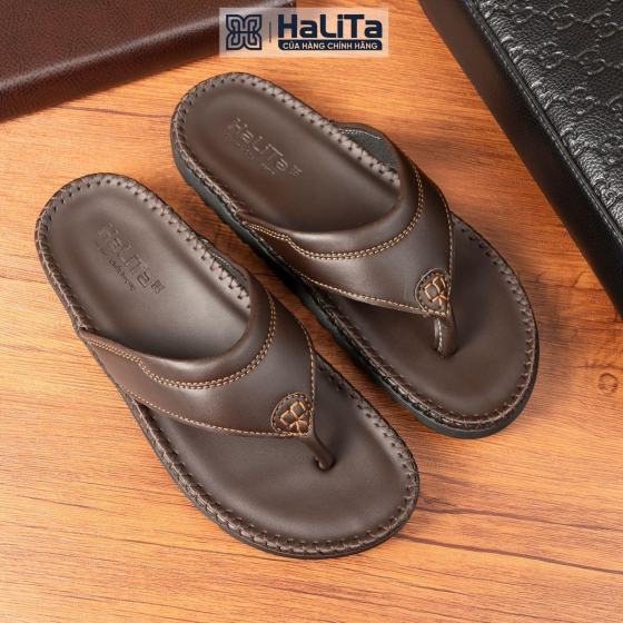 DéP ĐẸP CHO NAM Halita Xỏ Ngón HLT-45 Da Bò Thái, May Chỉ Toàn Bộ ,Đế Bằng Cao Su Êm Chân.