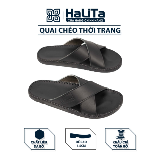 DéP Quai Chéo Thời Trang Halita dành cho Nam , đế cao su nhẹ 1.5cm , khâu chỉ toàn bộ . Đế Bằng