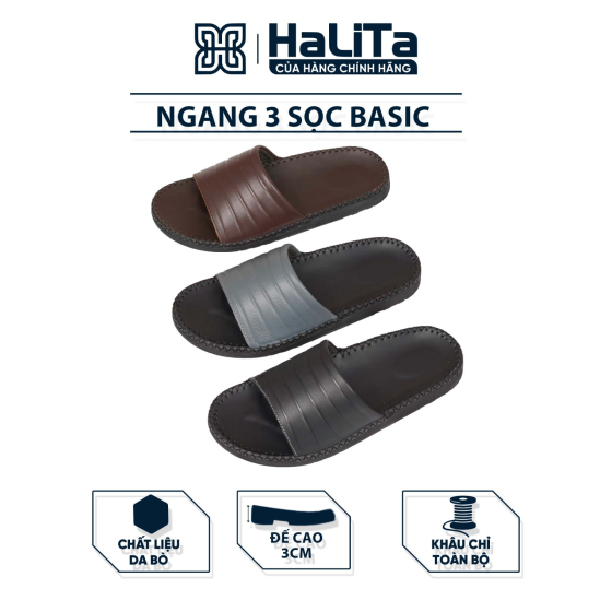 DéP Nam 3 Sọc Basic Halita , đế nhẹ và cao 3cm , thiết kế thời trang mới , khâu chỉ chắc chắn . Đế Bằng Slipper