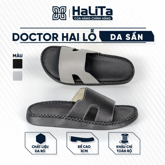 DéP Nam Doc Tờ 2 Lỗ Da Sần Góc Cạnh Halita, Khâu Chỉ Toàn Bộ , Đế Bằng Cao Su
