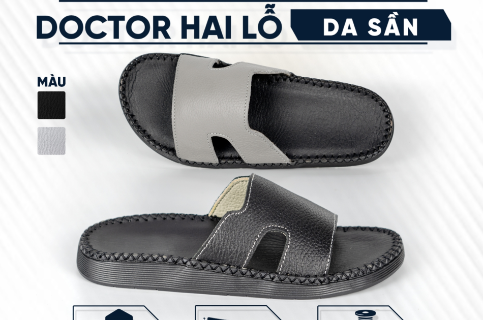 DéP Nam Doc Tờ 2 Lỗ Da Sần Góc Cạnh Halita, Khâu Chỉ Toàn Bộ , Đế Bằng Cao Su
