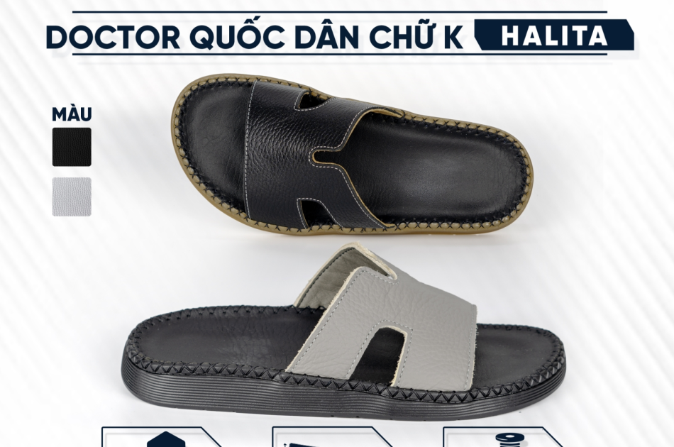 DéP Nam Doctor Chữ K Halita  , Khâu Chỉ Toàn Bộ , Đế Đúc Cao Su Êm Chân . Đế Bằng